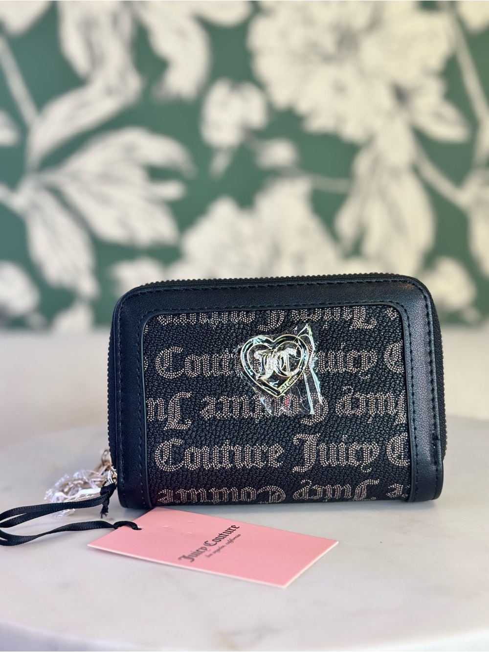 Juicy Couture Black Logo Heart Zip Wallet with Silver Emblem